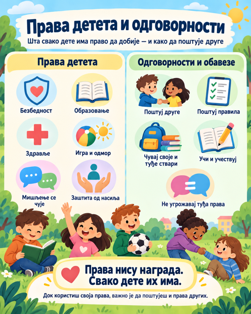 Илустрација о правима детета и одговорностима, са примерима права на безбедност, образовање, здравље, игру, мишљење и заштиту од насиља, као и обавеза да се поштују други, правила и туђа права.